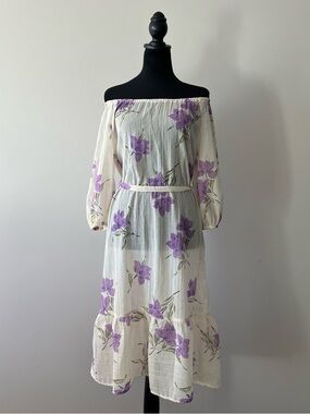 Vintage Off-Shoulder White Floral Midi Dress with Lilac Print